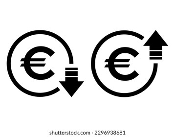 Juego de símbolo de coste símbolo euro aumentar y disminuir icono. Símbolo vectorial del dinero aislado en el fondo.