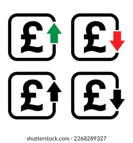 Set of cost symbol pound increase and decrease icon. Money vector symbol isolated on background .
