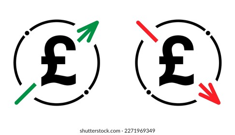 Set of cost symbol pound increase and decrease icon. Money vector symbol isolated on background .
