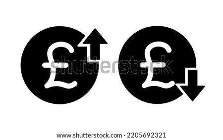 set of cost symbol pound increase and decrease icon, money, pound unit of sterling sign with arrow up and down rounded black vector icon