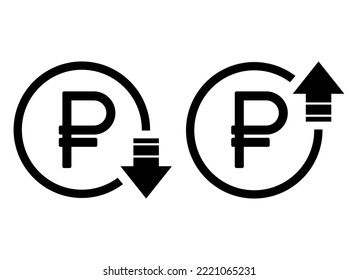 Juego de símbolos de coste de aumento y disminución de rublos icono. Símbolo vectorial del dinero aislado en el fondo.
