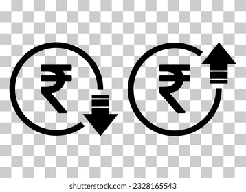 Set of cost symbol rupee increase and decrease icon. Money vector symbol isolated on background .