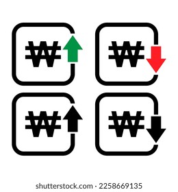 Set of cost symbol won increase and decrease icon. Money vector symbol isolated on background .
