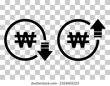 El conjunto de símbolos de coste ha ganado un icono de aumento y disminución. Símbolo vectorial del dinero aislado en el fondo.