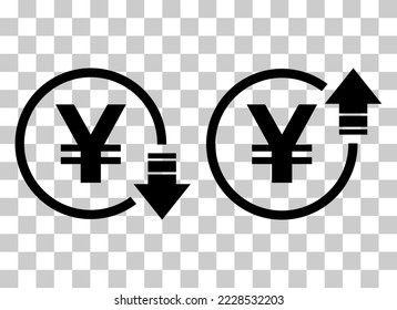 Set of cost symbol yuan increase and decrease icon. Money vector symbol isolated on background .