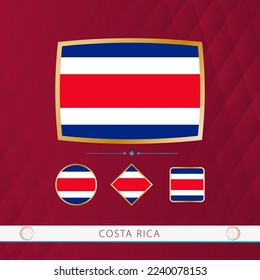 Set of Costa Rica flags with gold frame for use at sporting events on a burgundy abstract background. Vector collection of flags.