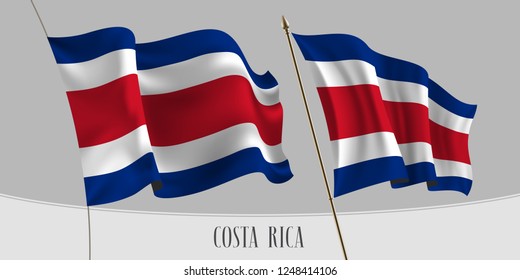 Set of Costa Rica waving flag on isolated background vector illustration. Red blue colors of  Costa Rica wavy realistic flag as a patriotic symbol 