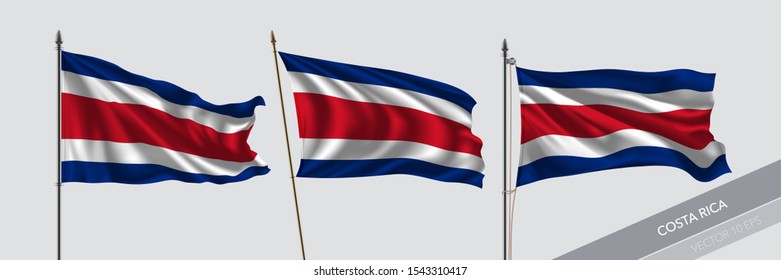 Set of Costa Rica waving flag on isolated background vector illustration. 3 Costa Rican wavy realistic flag as a symbol of patriotism 