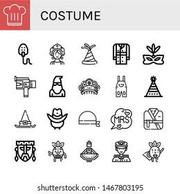 Set of costume icons such as Chef hat, Mask, Kokoshnik, Party hat, Trench coat, Eye mask, Super, Executioner, Overall, Fun hat, Witch Cowboy Bandana, Mrs, Kimono , costume