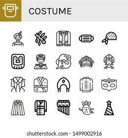 Set of costume icons such as Mask, Clown, Headdress, Suit, Bandana, Captain, Mrs, Kokoshnik, Kimono, Eye mask, Trench coat, Zampona, Ghost, Party hat , costume