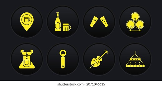 Set Costume for women dirndl, Wooden barrels, Bottle opener, Violin, Glass of beer, Beer bottle and glass, Massive steel chandelier and Alcohol location icon. Vector