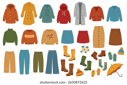 A set of cosy clothes. Autumn sweaters and jackets, socks and hats, rubber boots and shoes, jeans and dresses, autumn accessories. Hand-drawn vector illustration isolated on a white background