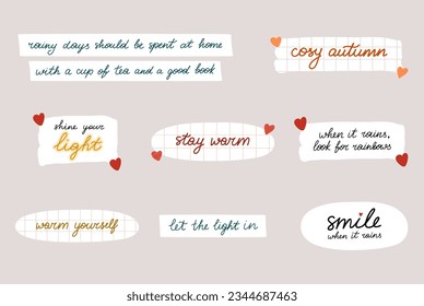 Set of cosy hand drawn autumn lettering sticker pack. Warm fall handwritten phrases on the notebook sheets. Bundle of cozy seasonal inscription in the flat style isolated on background