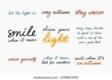 Set of cosy hand drawn autumn lettering. Warm fall handwritten phrases collection on the notebook sheets. Vector bundle of cozy seasonal inscription in the flat style isolated on background