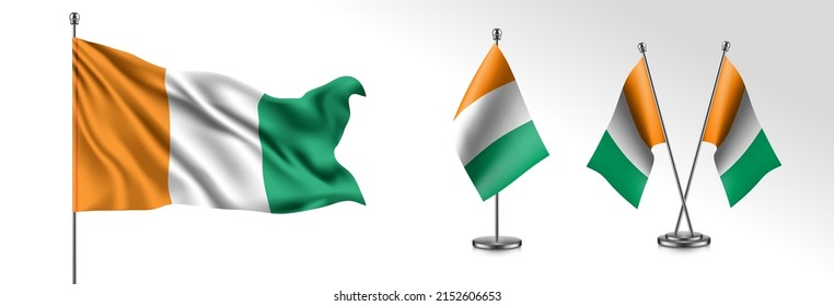 Set of Cote Divoire waving flag on isolated background vector illustration. 3 Ivory Coast wavy realistic flag as a patriotic symbol