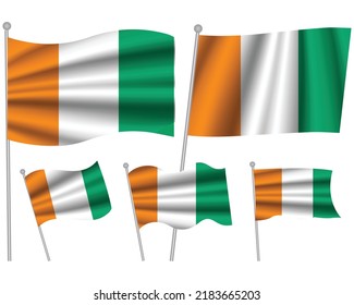 Set of Cote Divoire waving flag on isolated background vector illustration. 5 Ivory Coast wavy realistic flag as a patriotic symbol
