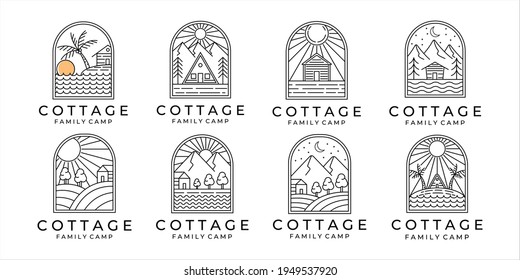 set of cottage or cabin line art minimalist simple vector logo illustration design. bundle collection of cottage or cabin at the mountain forest and the beach for logo line art concept vector design