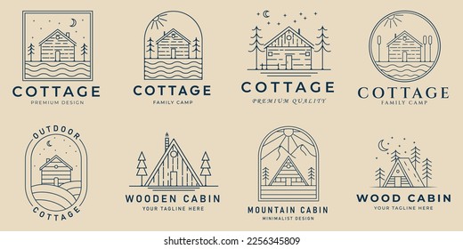 set cottage and cabin line art logo icon and symbol, with emblem vector illustration design