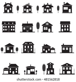 Set cottage icons. Black isolated house silhouette. Vector illustration