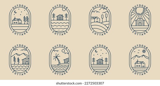 Set cottage logo line art style with emblem vector illustration design