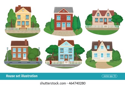 Set cottage and residential houses real estate building town house icons isolated of detailed colorful modern buildings. Vector illustration flat style.