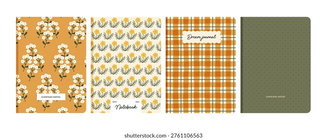 Set of cottagecore notebook, diary, planner cover designs with floral patterns, gingham, and dots in countryside cottagecore style. Stationery templates