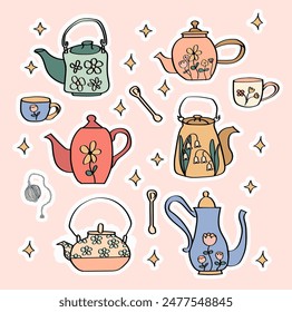 Set of cottagecore teapots and cups planner stickers collection.