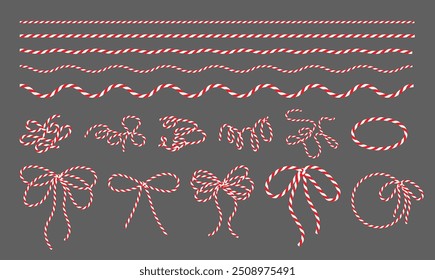 Set of cotton baker twine, ribbon red white, packing thread, bows, frames for decoration, tying boxes, gift wrap for New year, Christmas, isolated elements for banners, cards. Vector EPS10	