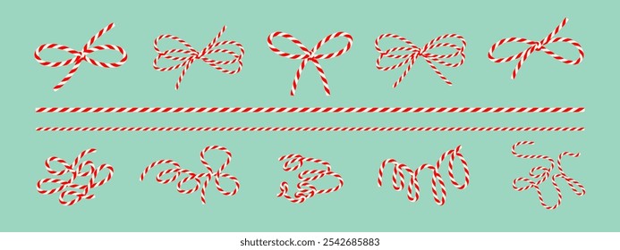 Definir fio de padeiro de algodão, fita vermelha branca, linha de embalagem, arco para decoração, caixas de amarração, envoltório de presente para o Ano Novo, Natal. Elementos isolados no plano de fundo colorido para banner, cartões. Vetor EPS10