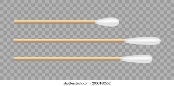 Set of cotton buds or swabs on wooden stick isolated on transparent background. Cosmetics, makeup, ears cleaning or medicine tool element. 3d vector illustration