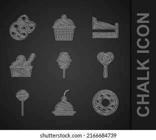 Set Cotton candy, Cherry cheesecake, Donut, Lollipop, Ice cream in bowl, Piece of and Cookie or biscuit icon. Vector