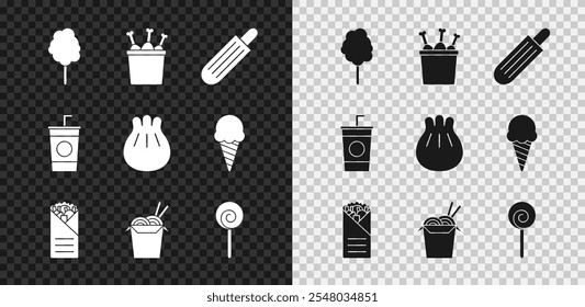 Set Caramelo de algodón, pierna de pollo en caja de paquete, perro caliente francés, kebab Doner, fideos asiáticos palillos, piruleta, vidrio de papel con paja e icono de tabla de cortar Khinkali. Vector