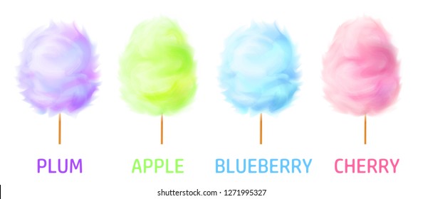 Set of cotton candy with different flavors: cherry, plum, apple, blueberry