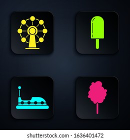 Set Cotton candy, Ferris wheel, Bumper car and Ice cream. Black square button. Vector