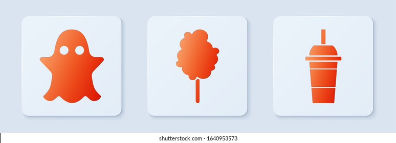 Set Cotton candy, Ghost and Paper glass with drinking straw and water. White square button. Vector