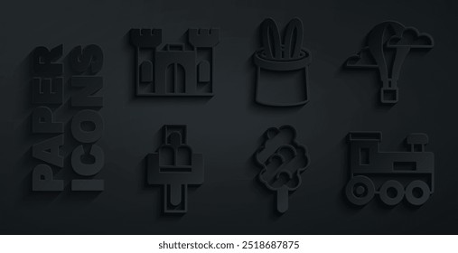 Set Cotton candy, Hot air balloon, Attraction carousel, Toy train, Magician hat rabbit ears and Castle icon. Vector