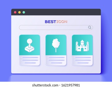 Set Cotton candy, Joystick for arcade machine and Castle icon. Vector
