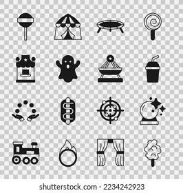 Ponga golosinas de algodón, bola mágica, vidrio de papel con agua, trampolín de saltos, Fantasma, taquilla de bolígrafo, Lollipop e icono del balancín de barcos. Vector