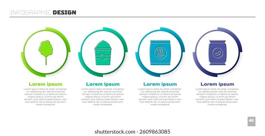 Set Cotton candy, Popcorn in box, Hard bread chucks crackers and Bag or packet potato chips. Business infographic template. Vector