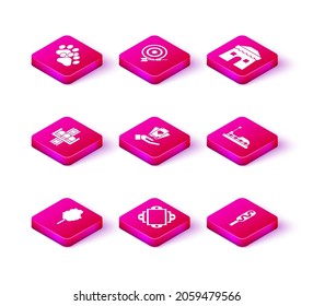 Set Cotton candy, Ticket, Attraction carousel, Hand holding playing cards, Corn dog, Bumper, Circus tent and Classic dart board arrow icon. Vector