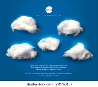 Set of cotton clouds. Wadding clouds on blue night-sky background. Vector illustration