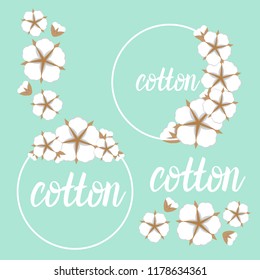 Set Cotton flower frame. Flat style cute pink background. Vector illustration.