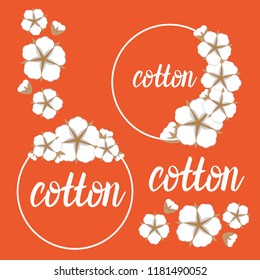 Set Cotton flower frame. Flat style orange background. Vector illustration.