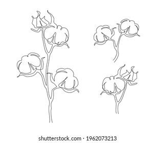 Montaje de flores de algodón en un estilo de arte de una línea. La ilustración continua del dibujo puede utilizarse para iconos, impresiones de arte mural, carteles, revistas, postales, emblemas, logotipo. Vector moderno