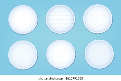 A set of cotton pads with a different texture, hypoallergenic sanitary pads. Round soft layered discs for cleansing the skin, make up remover, 3d realistic vector illustration.