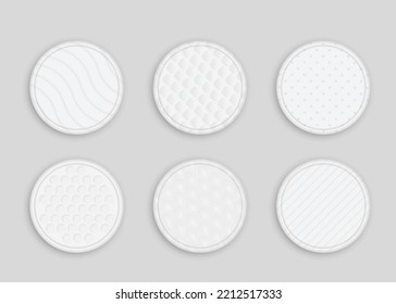 Set of cotton pads with soft texture, hypoallergenic sanitary disks. Round layered discs for cleansing skin, make up remover isolated. 3d realistic vector illustration.