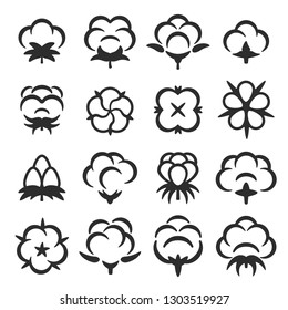 Set Of Cotton Plant Flowers Isolated On White Background. Collection. Vector Illustration With Black Cottony Balls Symbols