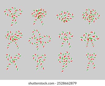Set of cotton red white green twine ribbon bows. Bowknot for package or letter.  Elegant minimal style gift wrap for New year, Christmas. Vector illustration