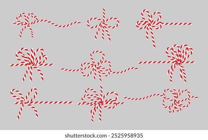 Set of cotton red white twine ribbon bows. Bowknot for package or letter.  Elegant minimal style gift wrap for New year, Christmas. Vector illustration