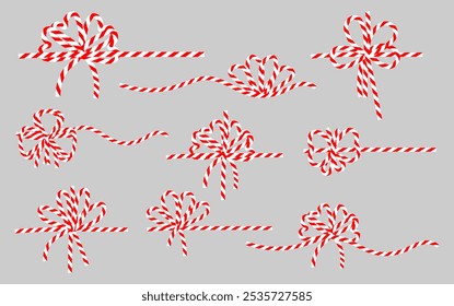 Set of cotton red white twine ribbon bows. Bowknot for package or letter.  Elegant minimal style gift wrap for New year, Christmas. Vector illustration